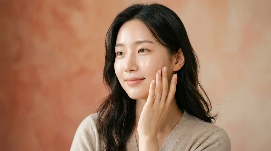 A serene photo of a young woman with a flawless, glowing complexion, representing healthy and repaired skin barrier after Korean sensitive skin treatments.