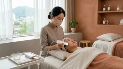 A modern Korean dermatological clinic room with a relaxing ambiance and skincare device.
