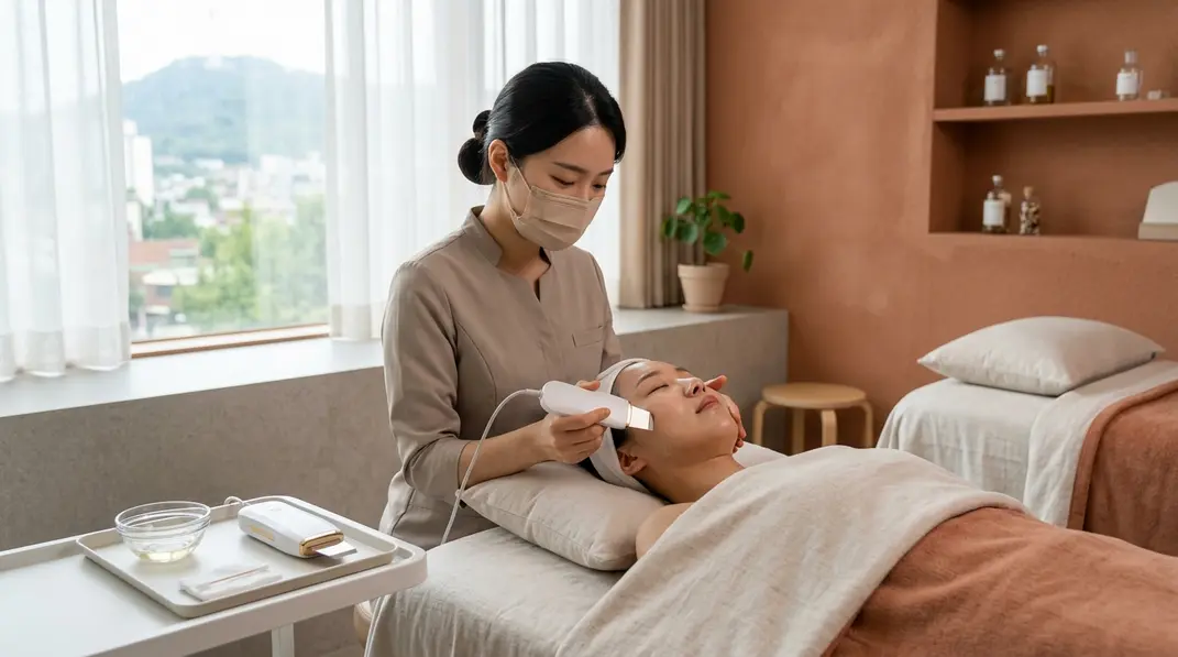 A modern Korean dermatological clinic room with a relaxing ambiance and skincare device.