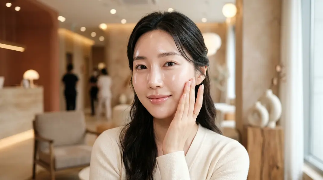A glowing, radiant woman receiving a luxurious skin booster treatment consultation in a high-end Korean clinic.