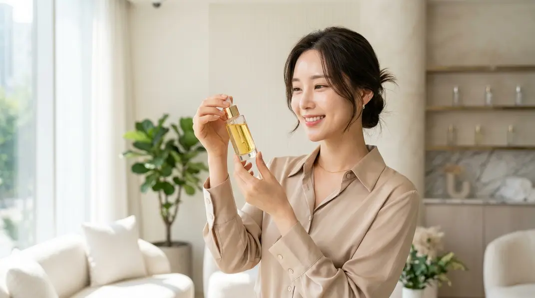 美容皮膚科でプレミアムな美容液の小瓶を手にするツヤ肌の女性