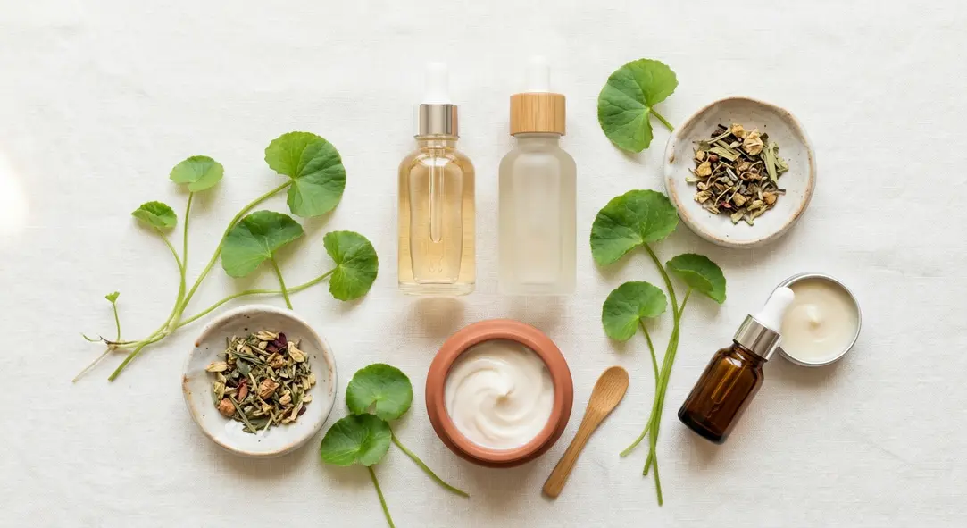 A clean and aesthetic arrangement of Korean skincare products for sensitive skin on a terracotta background