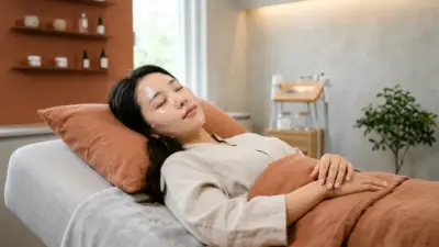 A serene clinic setting showing a glowing, healthy face with a gentle, translucent moisturizing mask.
