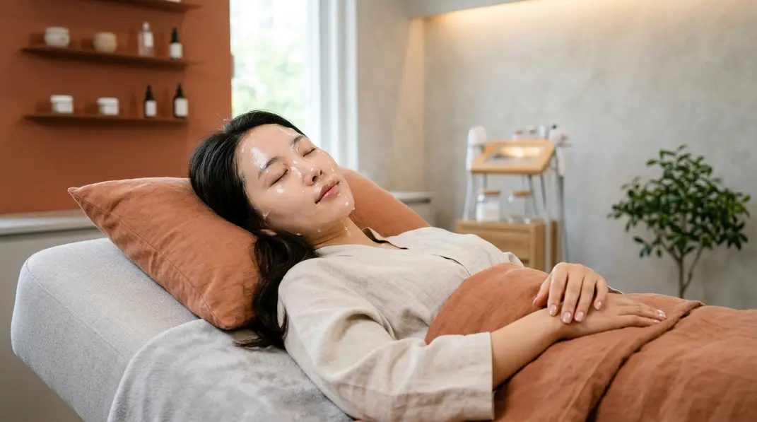 A serene clinic setting showing a glowing, healthy face with a gentle, translucent moisturizing mask.