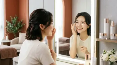 A woman smiling confidently looking at her flawless under-eye area in a mirror, representing successful dark circle treatment.