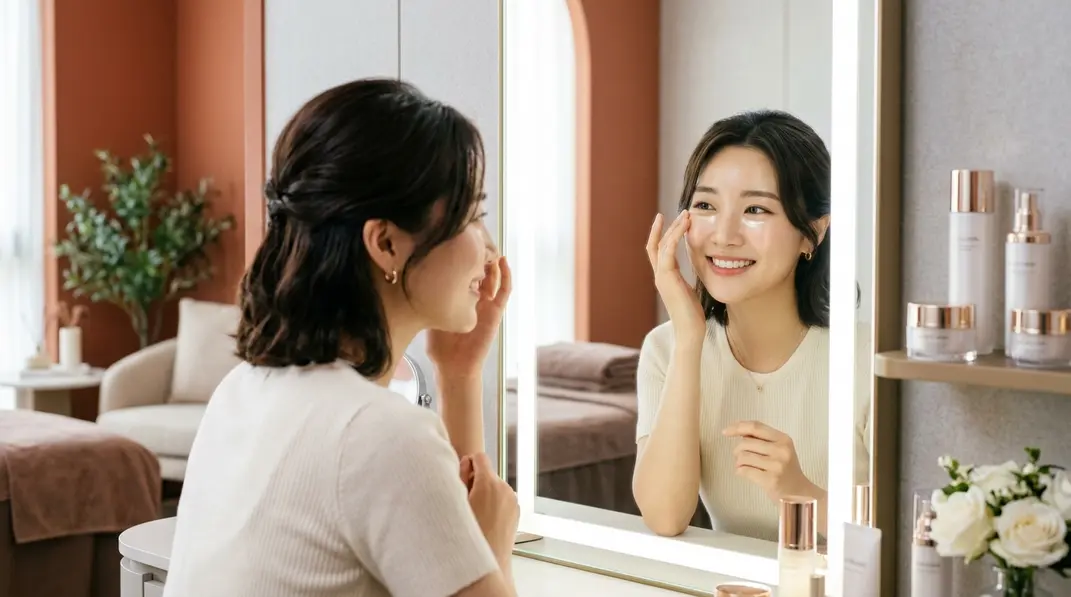 A woman smiling confidently looking at her flawless under-eye area in a mirror, representing successful dark circle treatment.