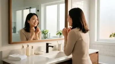A smiling woman looking in the mirror with glowing skin