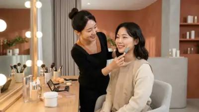 A professional Korean makeup studio scene showing an artist applying base makeup to a client.