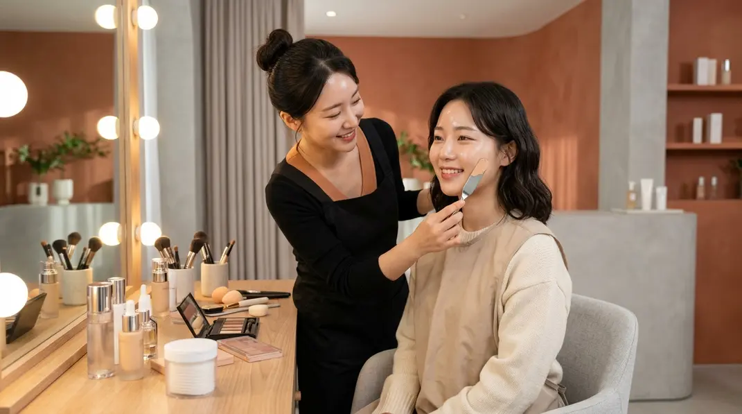 A professional Korean makeup studio scene showing an artist applying base makeup to a client.