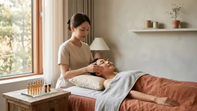 A serene, highly detailed photo-realistic image of a professional aesthetic clinic setting with glowing skincare ampoules.