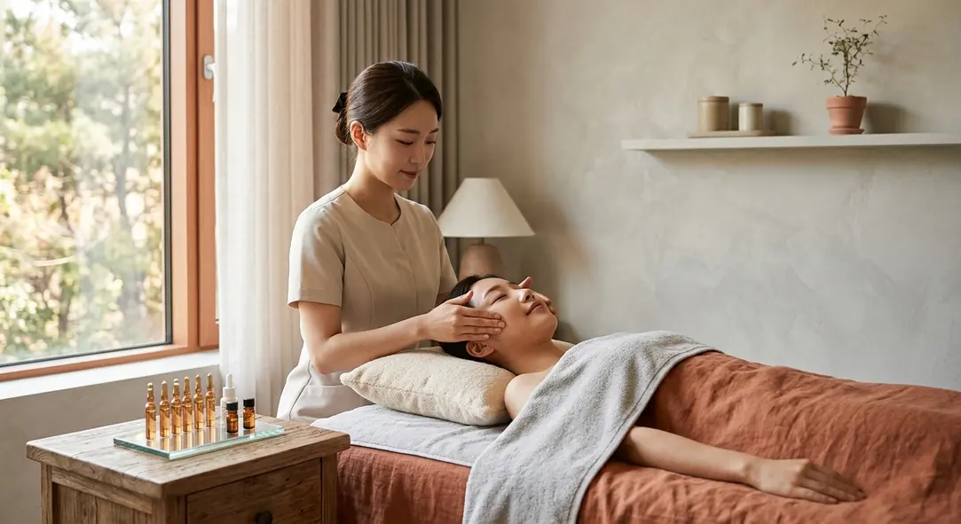 A serene, highly detailed photo-realistic image of a professional aesthetic clinic setting with glowing skincare ampoules.
