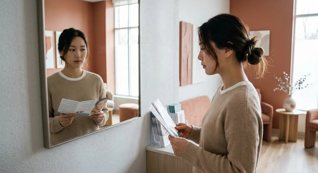 A woman considering cosmetic surgery options in South Korea while evaluating risks.