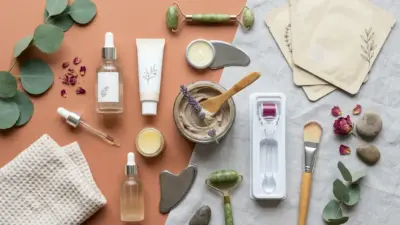 A photorealistic flat lay of premium Korean skincare and dermatological tools on a soft terracotta and light gray background.