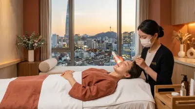 韓国美容旅行のスキンケア施術とソウルの洗練された街並みのイメージ