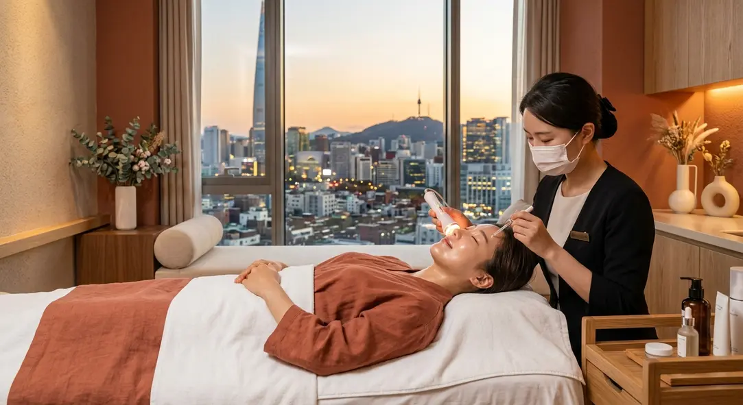韓国美容旅行のスキンケア施術とソウルの洗練された街並みのイメージ