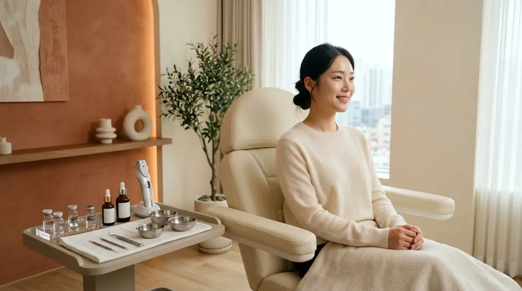 Clean aesthetic beauty clinic with a cosmetic doctor consulting on forehead and glabella wrinkle botox treatment.