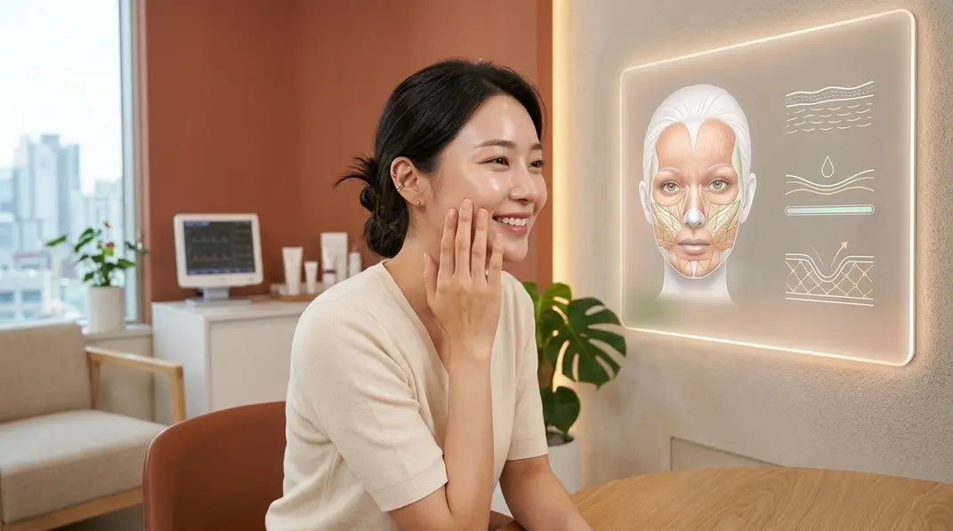 韓国の美容皮膚科でほうれい線治療について相談する女性のイラスト風リアル画像