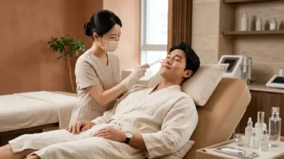韓国の先進的な美容皮膚科でメンズスキンケア施術を受ける男性