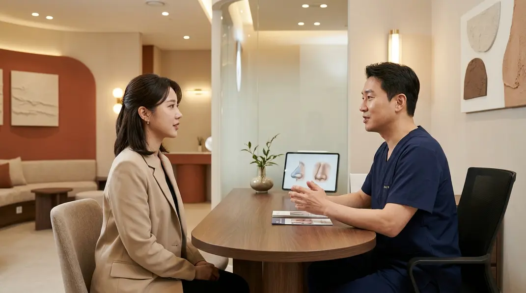 韓国の美容クリニックで美しい横顔ラインと鼻整形デザインのカウンセリングを受ける様子