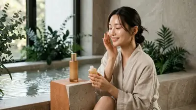 Korean emulsion skincare bottles on minimalist terracotta pedestal with water drops