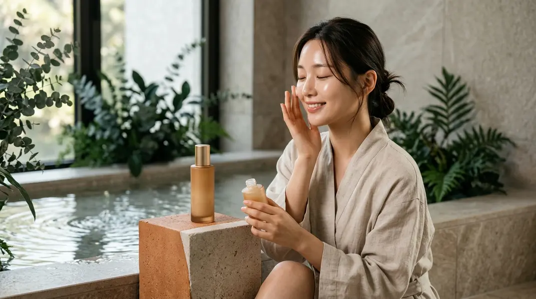 Korean emulsion skincare bottles on minimalist terracotta pedestal with water drops