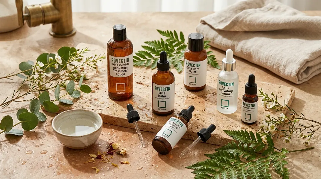 ROVECTIN skincare products and soothing dermatology clinic care background