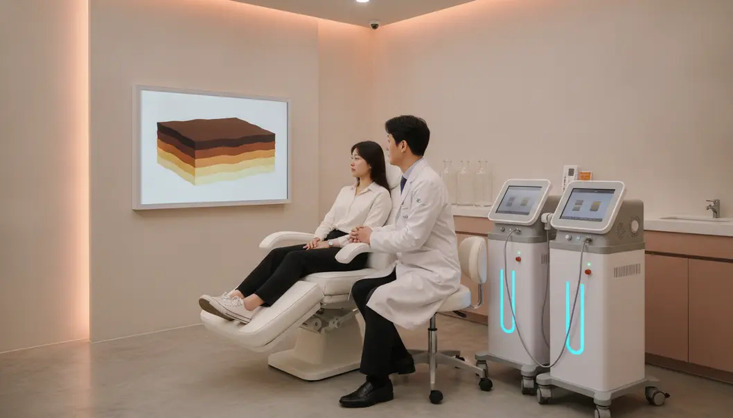 韓国の皮膚科では高精度な肌診断機を用いてシミの層を見極めた上で複合レーザー治療を実施します。