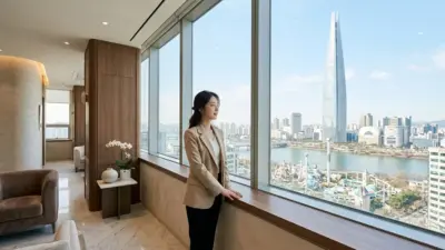 韓国ソウル・蚕室のロッテワールドタワーと近代的な美容クリニックの景観