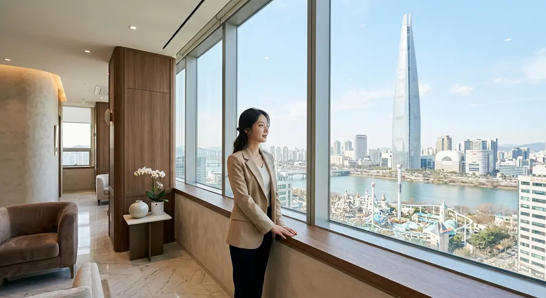韓国ソウル・蚕室のロッテワールドタワーと近代的な美容クリニックの景観