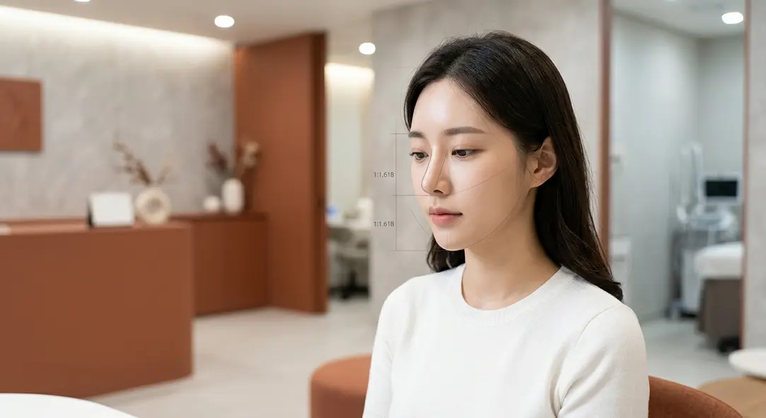 韓国の美容外科クリニックで美しい鼻の黄金比率を診断する様子