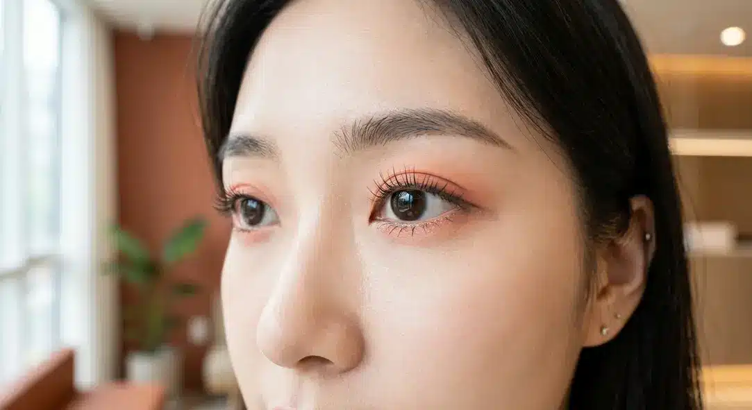 韓国の洗練されたクリニックで自然で美しい二重まぶたを手に入れた女性の目元アップ