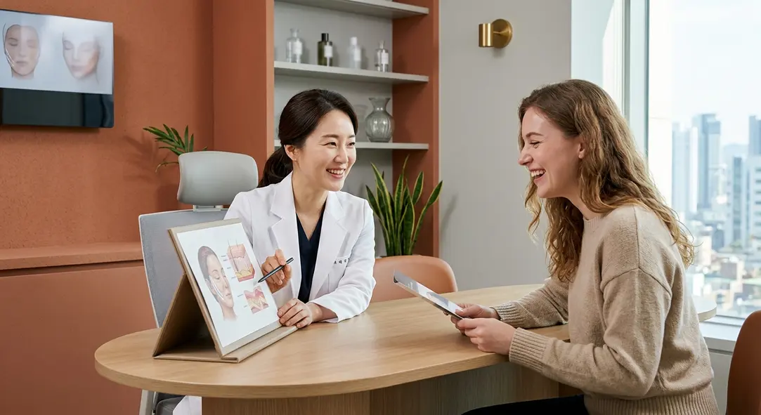 Korean cosmetic surgery and dermatology clinic review guide with professional doctor and patient