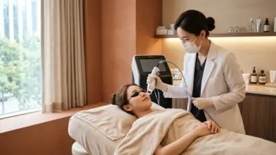 韓国の美容皮膚科でジェネシスレーザーによる肌管理を受ける女性
