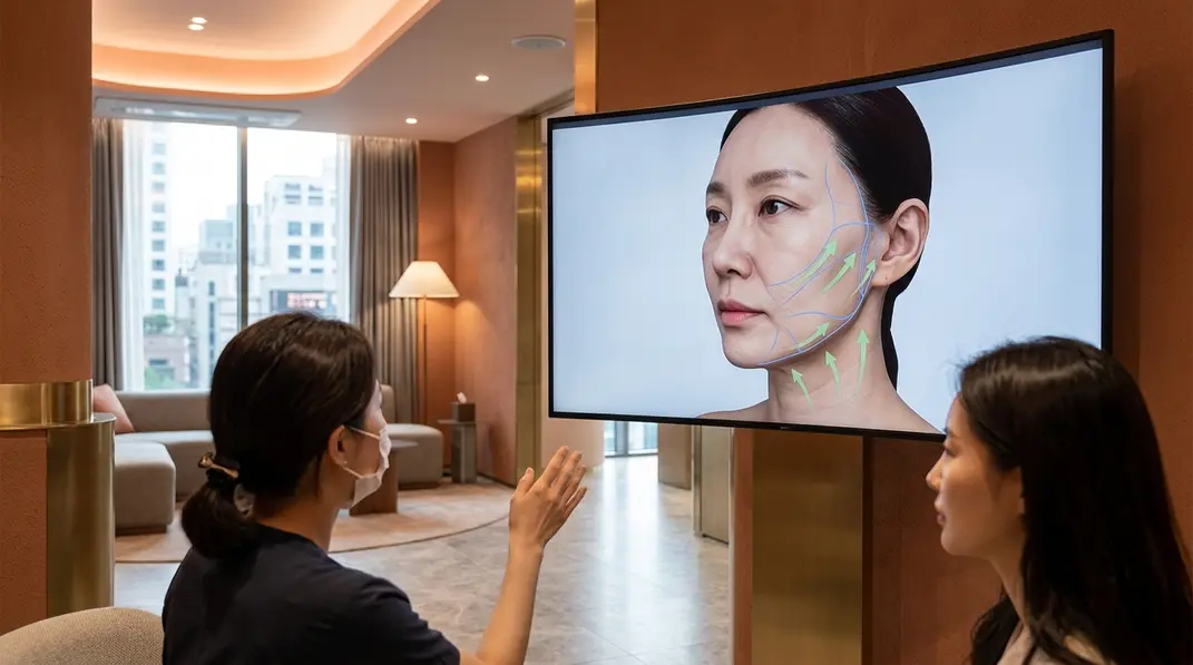 韓国美容外科でのミニ切開リフト施術カウンセリングと輪郭リフトアップのイメージ