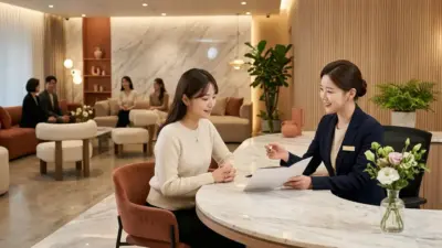 韓国の洗練された美容外科・皮膚科クリニックの受付と専任コーディネーターによる相談風景