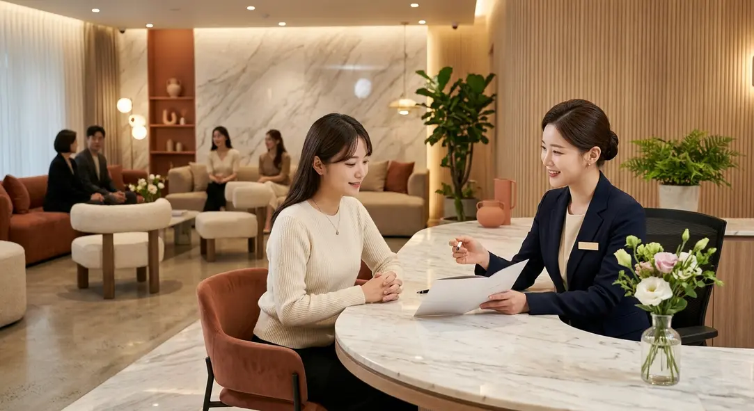 韓国の洗練された美容外科・皮膚科クリニックの受付と専任コーディネーターによる相談風景