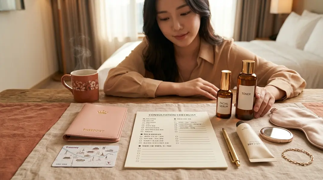 韓国の美容整形医療観光ビザと渡航準備をイメージしたパスポートとクリニック資料