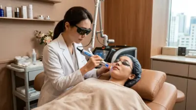 Professional Korean dermatologist performing laser skin rejuvenation treatment in a modern medical aesthetic clinic