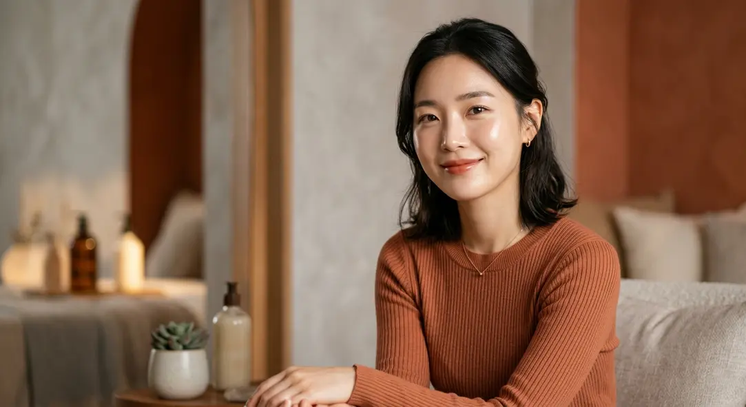 内側から輝く透明感のある韓国風ガラス肌の女性ポートレート