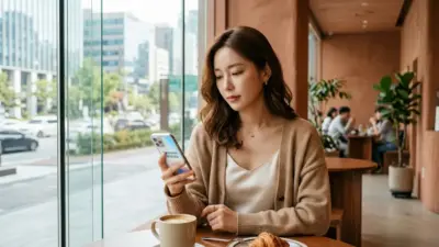 A woman happily checking a Korean cosmetic surgery and medical interpretation app on her smartphone in Seoul.