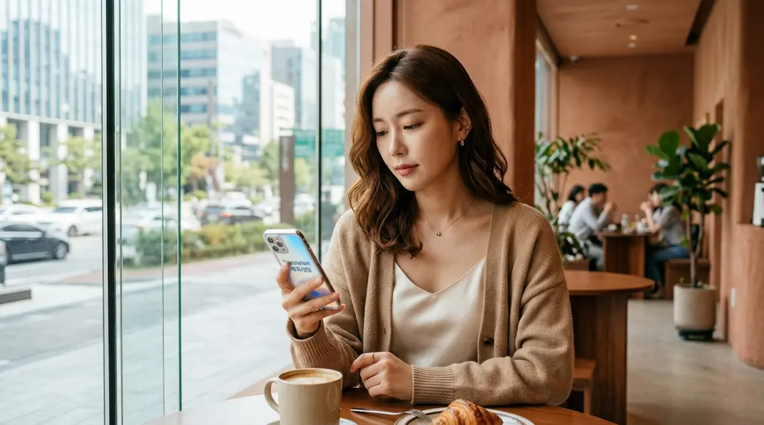 A woman happily checking a Korean cosmetic surgery and medical interpretation app on her smartphone in Seoul.