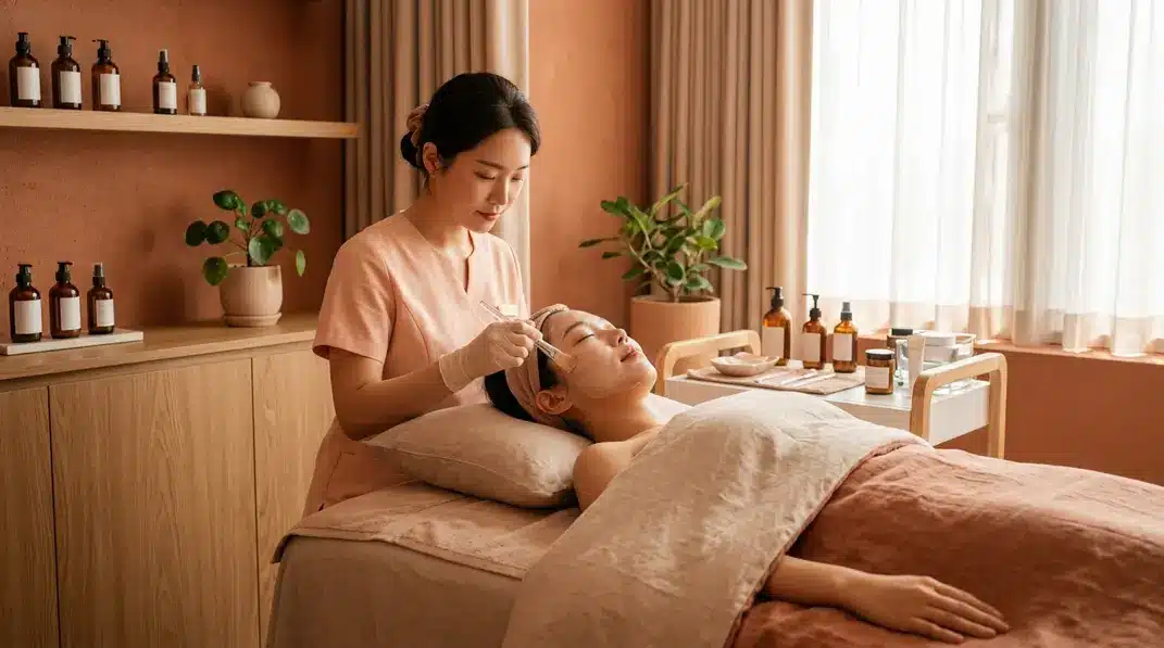 A youthful Korean student receiving a gentle skincare treatment in a bright aesthetic clinic
