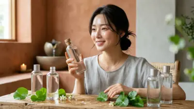 Collection of Korean skin toner bottles and natural botanical ingredients on warm terracotta background