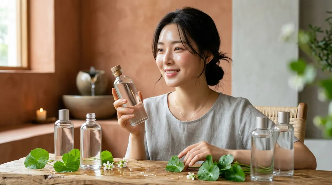 Collection of Korean skin toner bottles and natural botanical ingredients on warm terracotta background