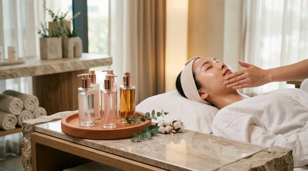 MISSHA skincare bottle with glowing aesthetic backdrop and beauty clinic equipment