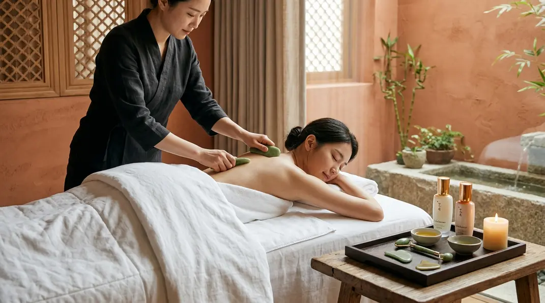 Sulwhasoo flagship spa luxury treatment setting with jade massage tools and premium Korean ginseng skincare