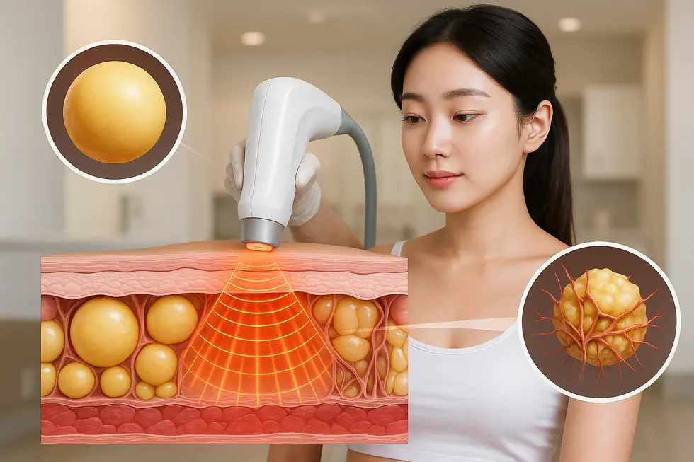 チューンボディの施術原理：熱エネルギーが脂肪細胞を分解し、コラーゲン生成を促進します。