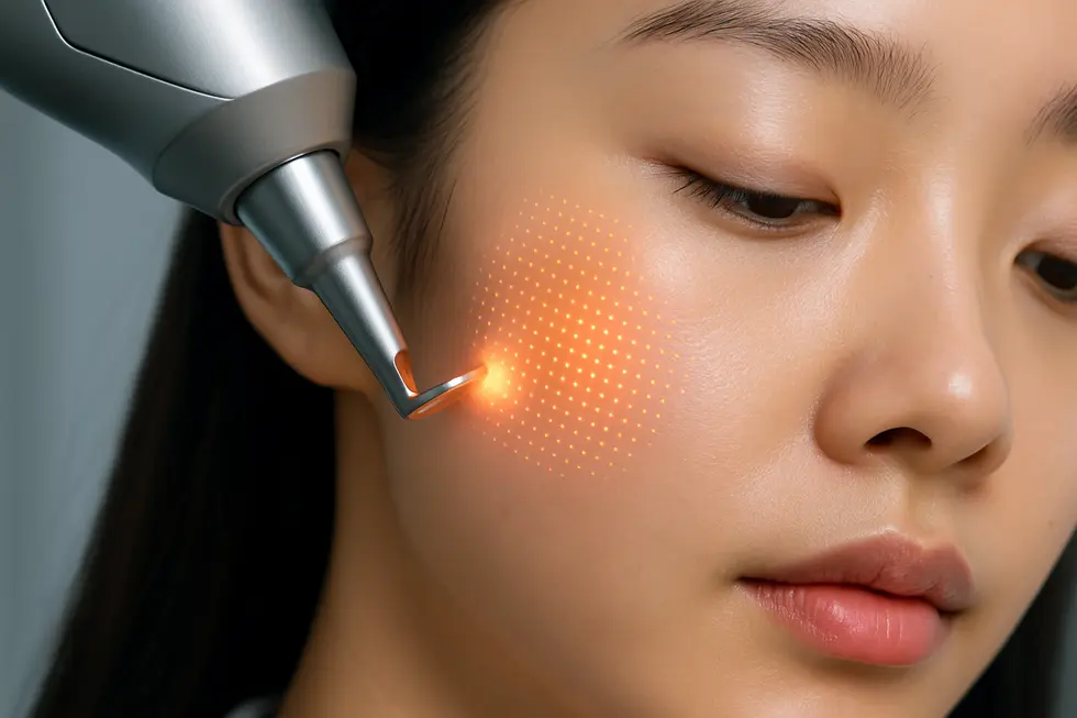 フラクセルゼナの原理：点状レーザーが肌の奥深くを刺激し、コラーゲン生成を促進します。