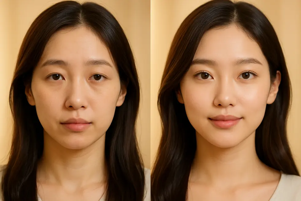 頬フィラーで若々しい印象を取り戻すビフォーアフターイメージ。