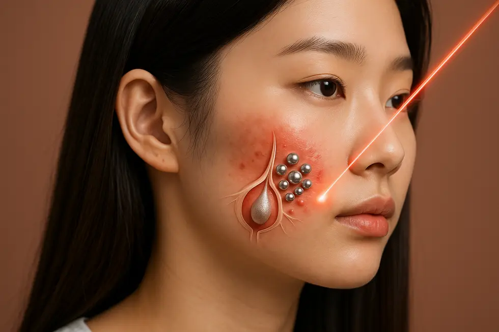 プラチナPTTの原理：微細なプラチナ粒子とレーザー光が皮脂腺に作用する様子。